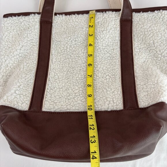Lands End Sherpa Tote Bag Faux Leather Accents Cream Brown - Picture 12 of 15